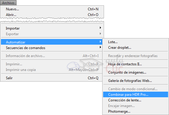 Archivo → Automatizar → Combinar para HDR Pro
