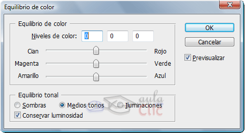 Cuadro de diálogo de Equilibrio de color